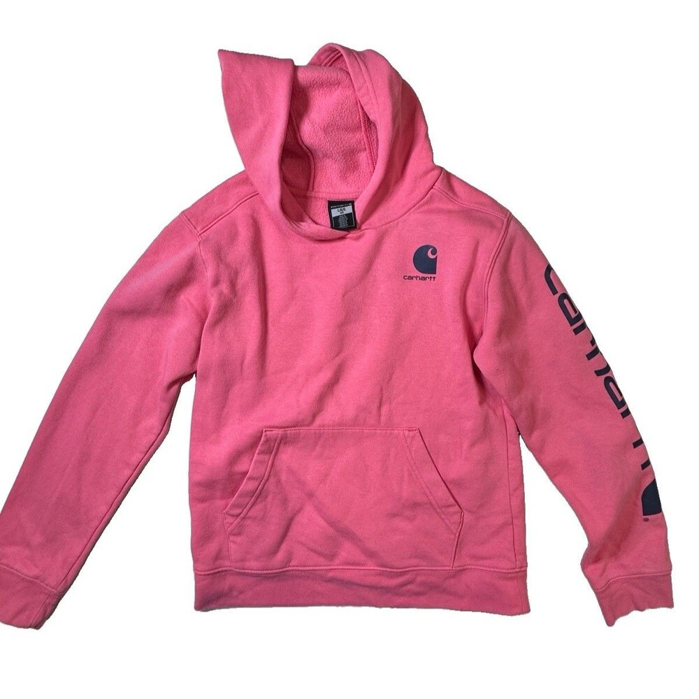 Carhartt Girls Pink Logo Sleeve Pullover Hoodie Sweatshirt Size Large 12